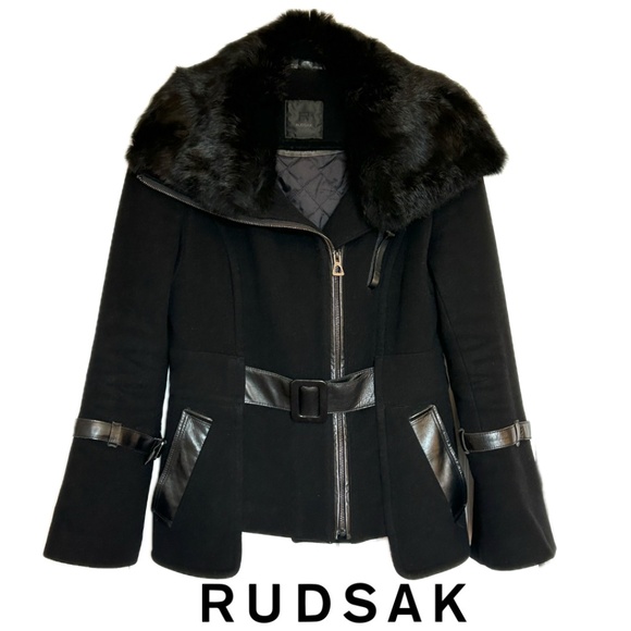 Rudsak Fitted Cropped Wool Jacket Leather Trim Bell Sleeves Black Size S - Picture 1 of 16